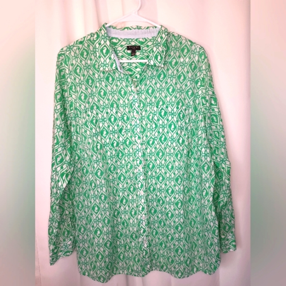 Talbots 16W Seahorse Button Up Top Green Roll Tab Sleeve Beach Vacation Preppy